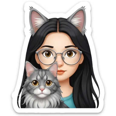 a silver based Maine Coon cat and a black hair glasses girl sticker