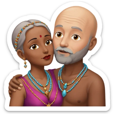 A man in his 60s balding with a grey beard passionately kissing the vagina  of an Indian woman in her 40s wearing a beads chain with here cleavage visible and embracing the man sticker