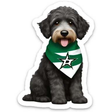Aussiedoodle wearing a bandana with the NHL Dallas Stars hockey team logo sticker