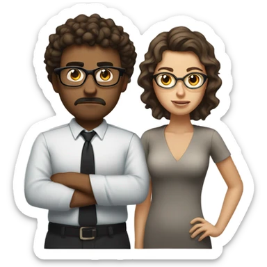 Create a guy with short curly brown hair and glasses. With a glass board background and an angry woman next to him sticker