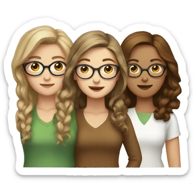 Three white girls with brown hair standing next to eachother one with glasses sticker
