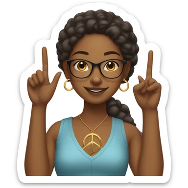 Brown skin girl wearing glasses with gold hoop earrings on , doing the peace sign sticker