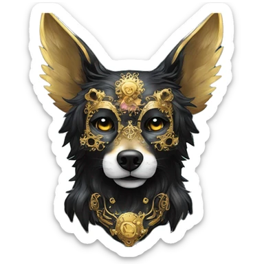 Black iridescent fluffy dog fox head skull zombie skull skeleton gold mechanical steampunk raven wings nebula galaxy stars colorful flowers fairy lights vintage sticker