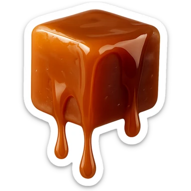 realistic cube-shaped caramel toffee piece, glossy, with drops of caramel dripping off, no face, no cartoon or drawn style sticker