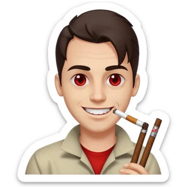 A white man with dark brown hair in a ponytail, oversized bloodshot eyes, grinning, smoking a long spliff  sticker