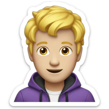 boy with yellow hair, white complexion with red cheeks, arched black eyebrows and purple jacket sticker