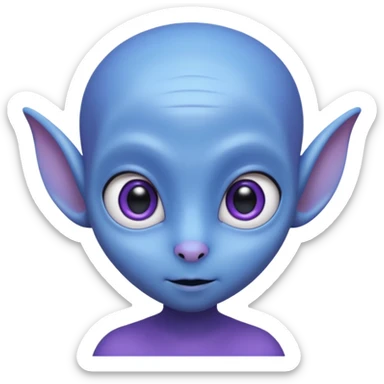 Portrait of an cute alien with smooth purple-blue skin, small antennae, large black oval eyes, small nose, and visible ears, elongated head, front-facing, wearing blue t-shirt, soft glow, simple futuristic design sticker