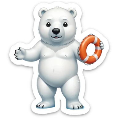 full body friendly anthropomorphised polar bear wearing swim shorts and swim goggles, standing in a puddle, holding a life buoy sticker