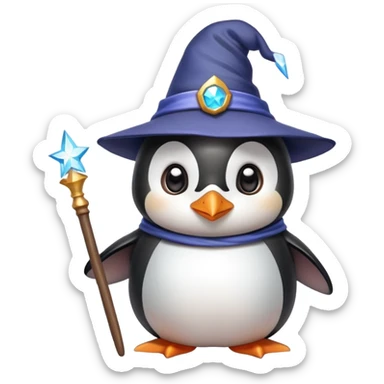 Cute penguin wearing wizard hat and holding a magic wand sticker