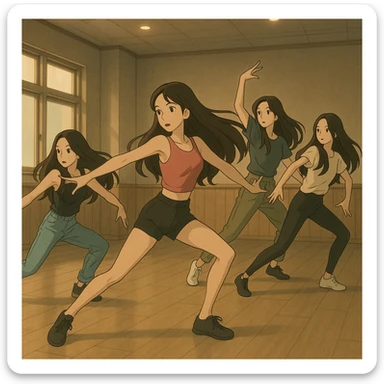 beautiful skinny women with long dark brown hair, kpop girl group at dance practice, dynamic dance pose, soft lighting, practice room, ghibli style sticker