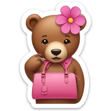 A pink bear with a pink flower on its head and a brown handbag sticker