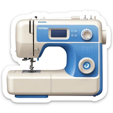 Modern Brother-style computerized sewing machine emoji, white and light gray with a blue thread spool, small LCD screen and round dial, three-quarter view, soft gradients and shadows in Apple emoji style, plain light background. sticker
