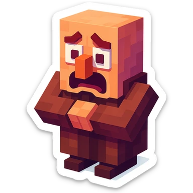 Minecraft villager, 3D blocky voxel style, brown robe, large nose, facing forward, sad and scared expression, horror style sticker