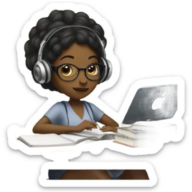 Balck Female with headphones Studying in library looking at iPad  sticker