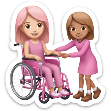 One light brown sister pushing her brown sister in a pink wheelchair sticker