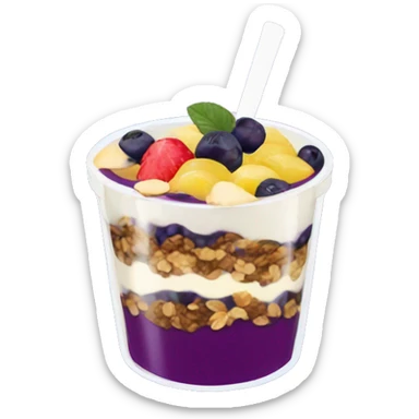Açaí in a clear cup with layers of fruits and granola and condensed milk sticker