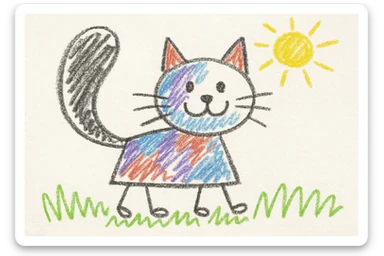 a playful cat with a big tail, children's doodle style sticker