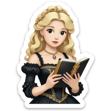 Blonde model wearing a black rococo gown clutching a golden notebook sticker