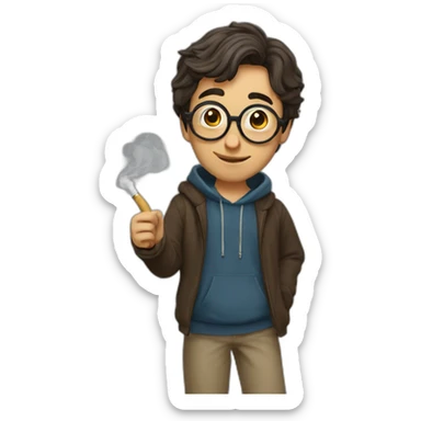 a guy who looks like harry potter wearing a hoodie, smoking a pipe, and giving a thumbs-up sticker