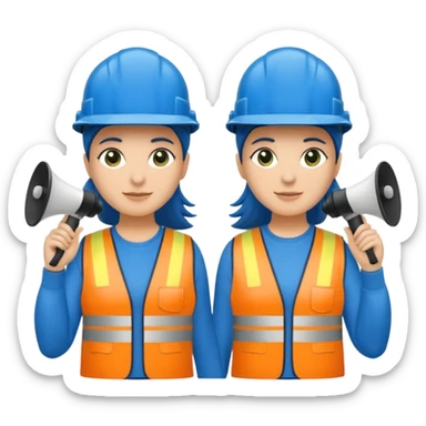 Duas pessoas com capacete de obras azul e um megafone na mão e camisa social cinza com faixas reflexivas verdes nos braços. Deve ser um homem e uma mulher. Os dois capacetes devem será azul escuro. sticker