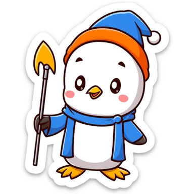 cartoon penguin wizard with a blue robe and sparkly hat, holding a glowing staff sticker