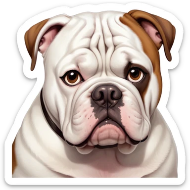 Cinematic Grumpy White and Brown American Bulldog Portrait Emoji, Head tilted slightly with a deeply unimpressed expression, thick white fur with dark brown patches and a furrowed brow, large, droopy eyes narrowed into an unamused glare, jowls slightly sagging in exasperation, Simplified yet comically expressive features, highly detailed, glowing with a dry, sarcastic glow, high shine, effortlessly judgmental yet dignified, stylized with a touch of cynicism, bright but brooding, soft glowing outline, capturing the essence of an eternally unimpressed yet endearing pup, so lifelike it feels like it could sigh heavily at you in disdain at any moment! sticker