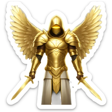 golden archangel, in full growth, with golden wings, rays of light coming from his face, golden armor, golden swords, in a golden hood sticker