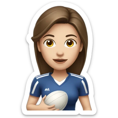 White skin brunette female playing football with very small basket ball sticker