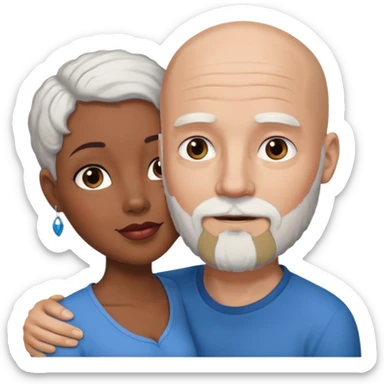 Talk bald white man with a white beard and blue eyes lovingly holding a black woman with brown eyes and grey hair sticker