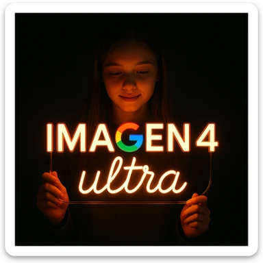 make a girl holding this sign, but sign in made of neon, also add ultra below the sign sticker