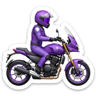 Créer un emoji avec une moto mt07 sport noir mate / violet iridescent très foncé. Avec une pilote dessus visière violet sombre faceless, bulle de la moto violet. Avec fond arrière violet sticker