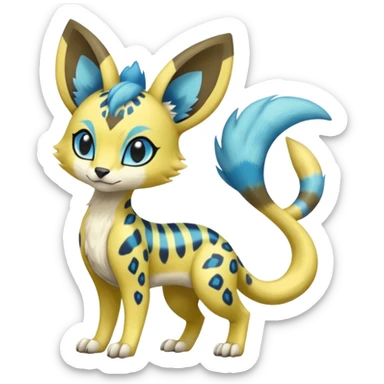 Colorful Yellow Meloetta-Sergal-Genet-Pokémon-Digimon-Fakémon-fusion-hybrid-creature with Cyan stripes and blue leopard-spot-markings  sticker