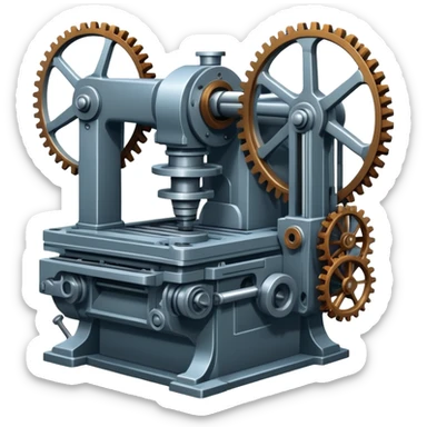 An icon featuring a giant machine tool in a factory workshop, symbolizing mechanical engineering. The design includes gears, levers, and mechanical components, representing the design and manufacturing of machinery. Transparent background highlights the precision sticker
