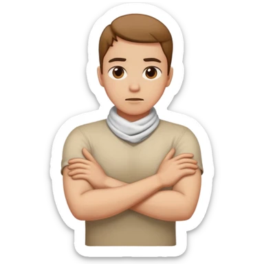 Person with arms cross grabbing neck sticker