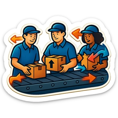 Картинка конвейерной ленты, по ней едут коробки, люди сортируют коробки в разные стороны sticker