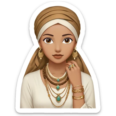 The woman, partially visible, wears a richly textured headscarf in earthy tones, draped gracefully over a white long-sleeve top. Her accessories steal the spotlight—intricately designed gold bangles, statement rings, and layered necklaces—each piece exuding heritage and craftsmanship.  sticker