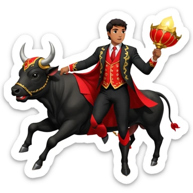 Create a realistic image of a traditional bullfighting scene in a Spanish arena.
Show a bullfighter (matador) HOLDING a red cape (muleta) not wearing one. as a powerful black bull charges toward it. sticker