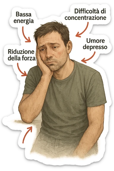  un uomo con espressione affaticata, circondato da frecce rosse che evidenziano sintomi di testosterone basso. Le frecce sono accompagnate da scritte in italiano come “Bassa energia”, “Difficoltà di concentrazione”, “Umore depresso”, “Riduzione della forza”. L’ambiente è semplice, con colori neutri e dettagli realistici. sticker