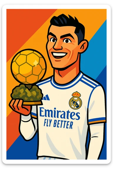 Cristiano Ronaldo in Real Madrid soccer uniform holding the Golden Ball trophy sticker