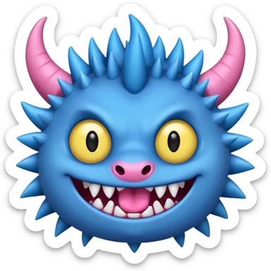 A blue monster with two small black horns, spiky fur, large round yellow eyes, a wide grin showing sharp teeth, and its tongue playfully sticking out to the side. sticker