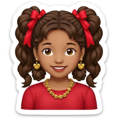 Brownskin girl dark brown hair fluffy. pigtails with red bows brown eyes smiling closed mouth red shirt gold esrrings gold necklace sticker