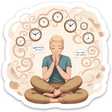 A person sits with their hands gently resting on their lap, eyes closed, exhaling slowly. Above them, a swirling thought bubble holds the words guilt and discomfort, but they don’t push it away—they just sit with it. In the background, a clock ticks softly, symbolizing the pause before responding.  sticker