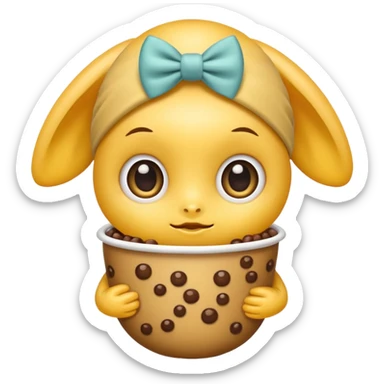 Yellow emoji with big eyes and a bow and holding Boba sticker
