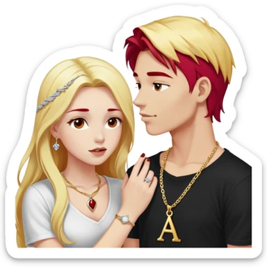 young 20 year old couple kissing, girl with long cherry red hair and blonde eyebrows wearing gold necklace with letter A, diamond gold ring, red bracelet and light clothes, boy with pure snow white hair wearing dark t-shirt and silver ring with black stone sticker