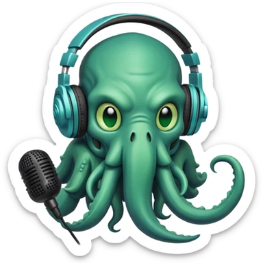 Cthulhu with headphones and microphone recording audio as a sound engineer sticker