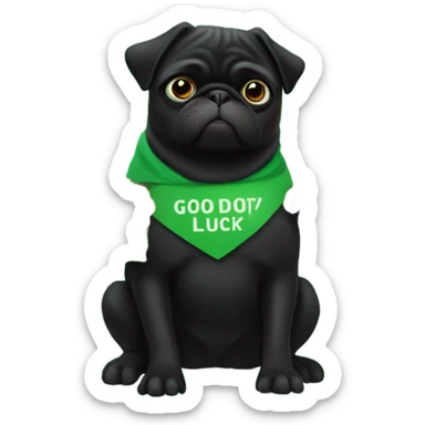 Black pug , surrounded by flowers, holding a green sign that says “good luck”  sticker