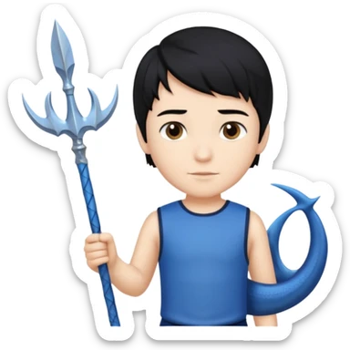 boy, black hair, brown eyes, white skin, Triton, with Triton in hand and blue Triton tail on the side. sticker
