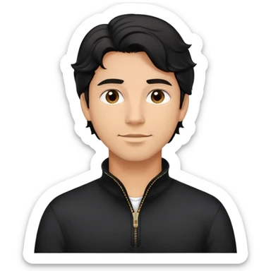 Man with wavy black hair in comfortable black zippered collar shirt, regular fit not tight sticker