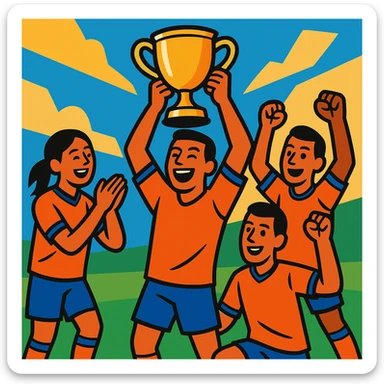 team celebrating with trophy sticker