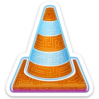 Recreate the VLC cone icon in a cyberpunk style with a strong glowing neon effect. Use vibrant orange and white for the cone, accented by glowing blue and pink neon edges. Overlay intricate circuit patterns throughout the icon. The style should be flat, clean, and futuristic with a luminous, holographic glow like other cyberpunk icons. Avoid 3D shading. Transparent background. sticker